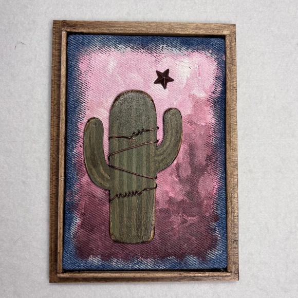 Mixed Media Wall Art Saguaro Cactus Pink Sunset Star Desert Wood Southwest 6 x 8 - Picture 1 of 5